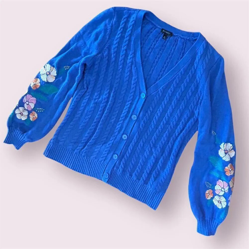 Talbots Blue Cable Knit Floral Embroidered Button Front Cardigan Size XS Relaxed
